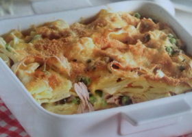 Gratin de pâtes au thon et petits pois de Mys