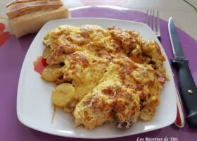 Omelette soufflée aux champignons, lardons et grenaille