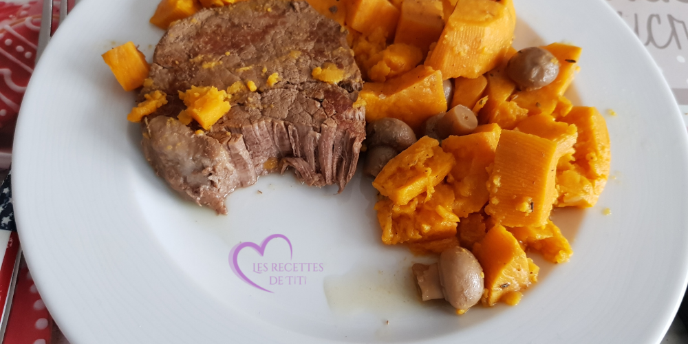 Pavés de boeuf patate douce et champignons